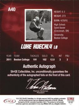 2012 SAGE HIT - Autographs Gold #A40 Luke Kuechly Back