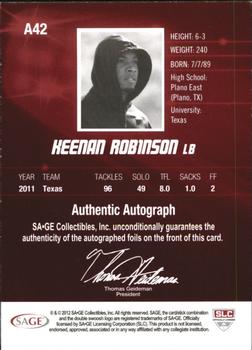 2012 SAGE HIT - Autographs Gold #A42 Keenan Robinson Back