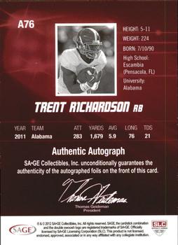 2012 SAGE HIT - Autographs Gold #A76 Trent Richardson Back
