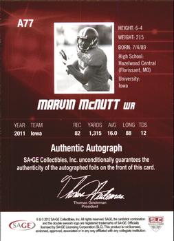 2012 SAGE HIT - Autographs Gold #A77 Marvin McNutt Back