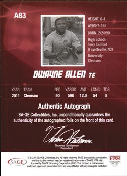 2012 SAGE HIT - Autographs Gold #A83 Dwayne Allen Back