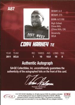2012 SAGE HIT - Autographs Gold #A87 Cory Harkey Back