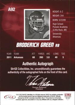 2012 SAGE HIT - Autographs Gold #A92 Broderick Green Back