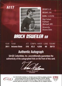 2012 SAGE HIT - Autographs Gold #A117 Brock Osweiler Back