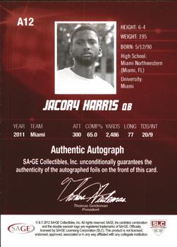 2012 SAGE HIT - Autographs Silver #A12 Jacory Harris Back