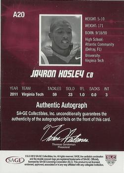 2012 SAGE HIT - Autographs Silver #A20 Jayron Hosley Back