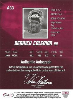 2012 SAGE HIT - Autographs Silver #A33 Derrick Coleman Back