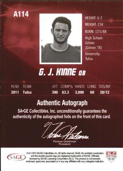 2012 SAGE HIT - Autographs Silver #A114 G.J. Kinne Back