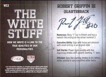 2012 SAGE HIT - Write Stuff #WS3 Robert Griffin III Back