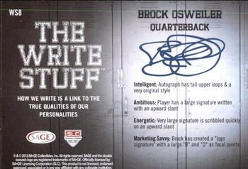 2012 SAGE HIT - Write Stuff #WS8 Brock Osweiler Back