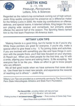 2006 The Second Mile Penn State Nittany Lions Tips: Fall Edition #NNO Justin King Back