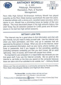 2006 The Second Mile Penn State Nittany Lions Tips: Fall Edition #NNO Anthony Morelli Back