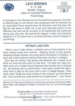 2006 The Second Mile Penn State Nittany Lions Tips: Fall Edition #NNO Levi Brown Back