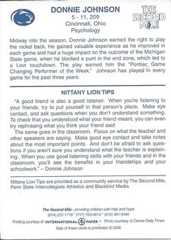 2006 The Second Mile Penn State Nittany Lions Tips: Fall Edition #NNO Donnie Johnson Back