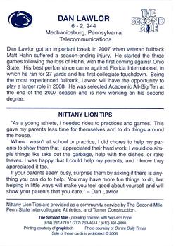 2008 The Second Mile Penn State Nittany Lions Tips: Fall Edition #NNO Dan Lawlor Back