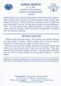 2008 The Second Mile Penn State Nittany Lions Tips: Fall Edition #NNO Jared Odrick Back