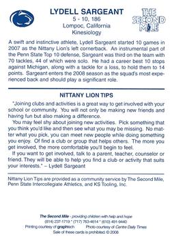 2008 The Second Mile Penn State Nittany Lions Tips: Fall Edition #NNO Lydell Sargeant Back