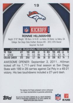 2012 Topps Kickoff - Autographs #19 Ronnie Hillman Back