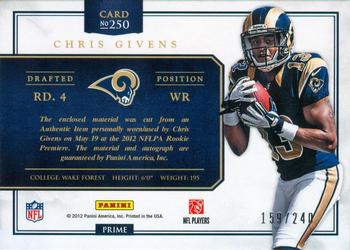 2012 Panini Prominence #250 Chris Givens Back
