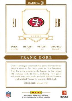 2012 Panini Prime Signatures #38 Frank Gore Back