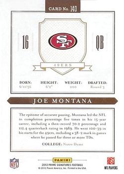 2012 Panini Prime Signatures #140 Joe Montana Back