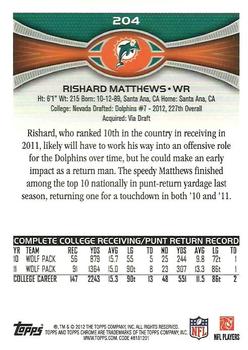 2012 Topps Chrome #204 Rishard Matthews Back