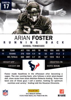 2012 Panini Absolute #17 Arian Foster Back