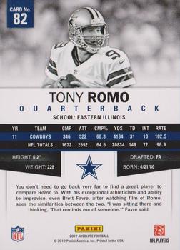 2012 Panini Absolute #82 Tony Romo Back