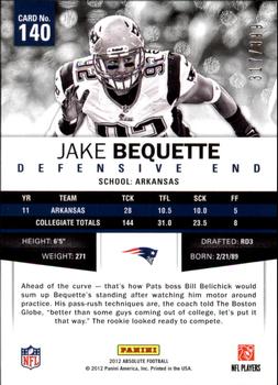 2012 Panini Absolute #140 Jake Bequette Back