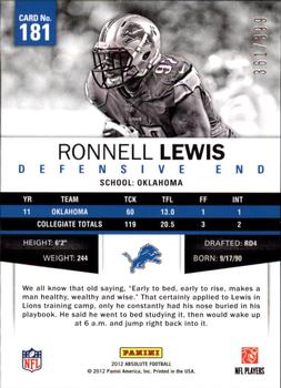 2012 Panini Absolute #181 Ronnell Lewis Back