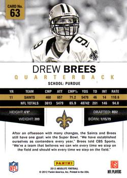 2012 Panini Absolute #63 Drew Brees Back
