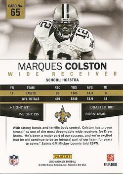 2012 Panini Absolute #65 Marques Colston Back
