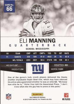 2012 Panini Absolute #66 Eli Manning Back