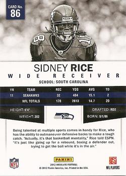2012 Panini Absolute #86 Sidney Rice Back