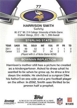 2012 Bowman Sterling #77 Harrison Smith Back