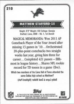 2012 Topps Magic #210 Matthew Stafford Back