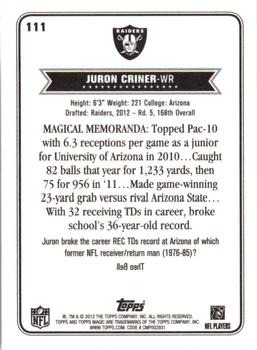 2012 Topps Magic #111 Juron Criner Back