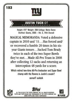 2012 Topps Magic #193 Justin Tuck Back