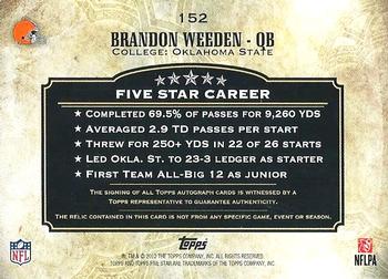 2012 Topps Five Star #152 Brandon Weeden Back