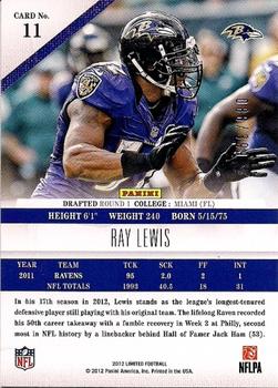 2012 Panini Limited #11 Ray Lewis Back