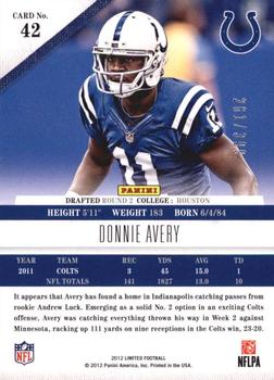 2012 Panini Limited #42 Donnie Avery Back