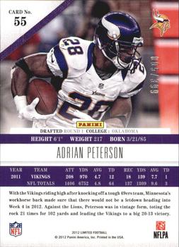 2012 Panini Limited #55 Adrian Peterson Back