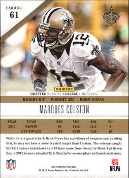 2012 Panini Limited #61 Marques Colston Back