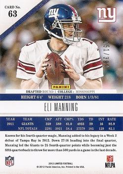 2012 Panini Limited #63 Eli Manning Back