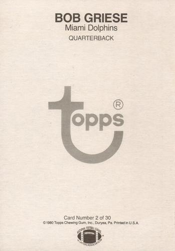 1980 Topps Super #2 Bob Griese Back