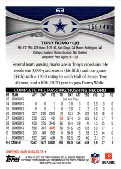 2012 Topps Chrome - Camo Refractors #63 Tony Romo Back