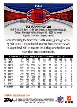 2012 Topps Chrome - Pink Refractors #103 Eli Manning Back