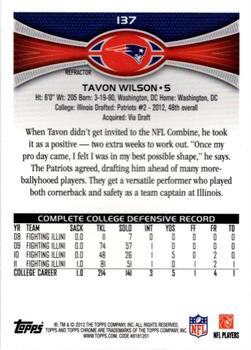 2012 Topps Chrome - Refractors #137 Tavon Wilson Back