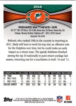 2012 Topps Chrome - Orange Refractors #204 Rishard Matthews Back