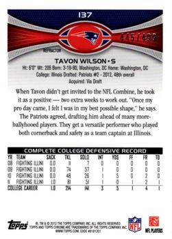 2012 Topps Chrome - Purple Refractors #137 Tavon Wilson Back